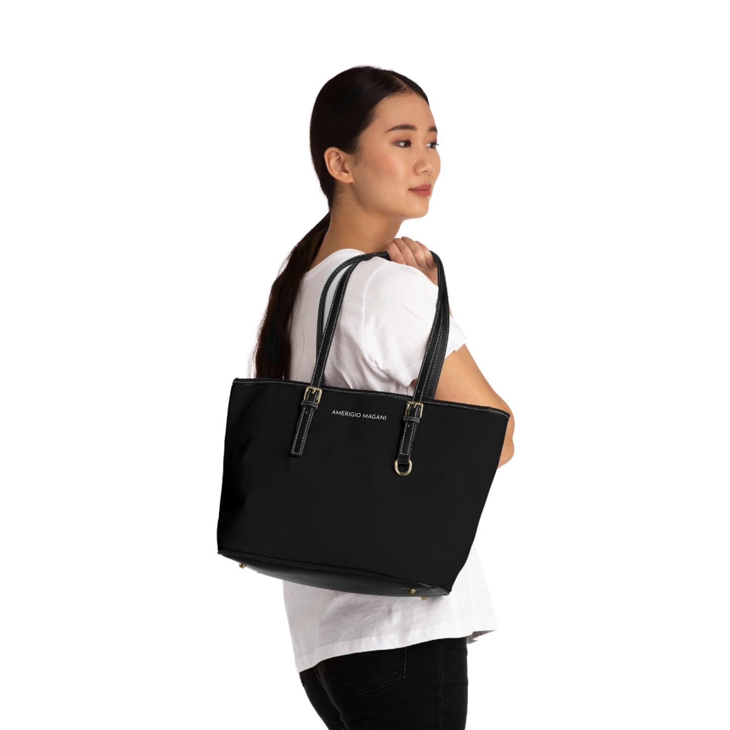 PU Leather Shoulder Bag — Classic Black Tote with Adjustable Straps