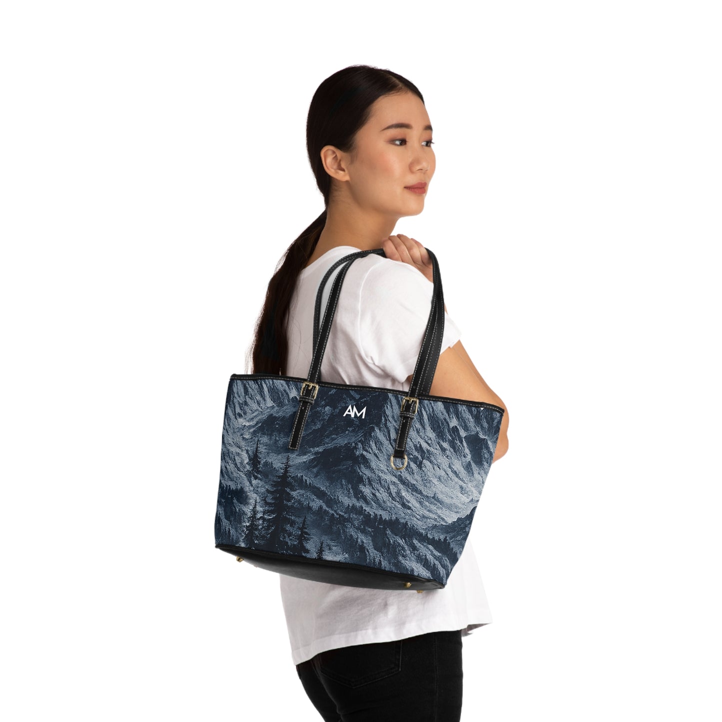 Mountain Mist PU Leather Shoulder Bag — Forest Night Tote with AM Monogram