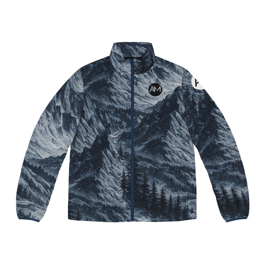 Mountain Forest Puffer Jacket — Men's Scenic All-Over Print