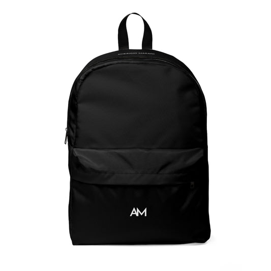 Minimal Black AM Logo Backpack — Classic Everyday Laptop Backpack
