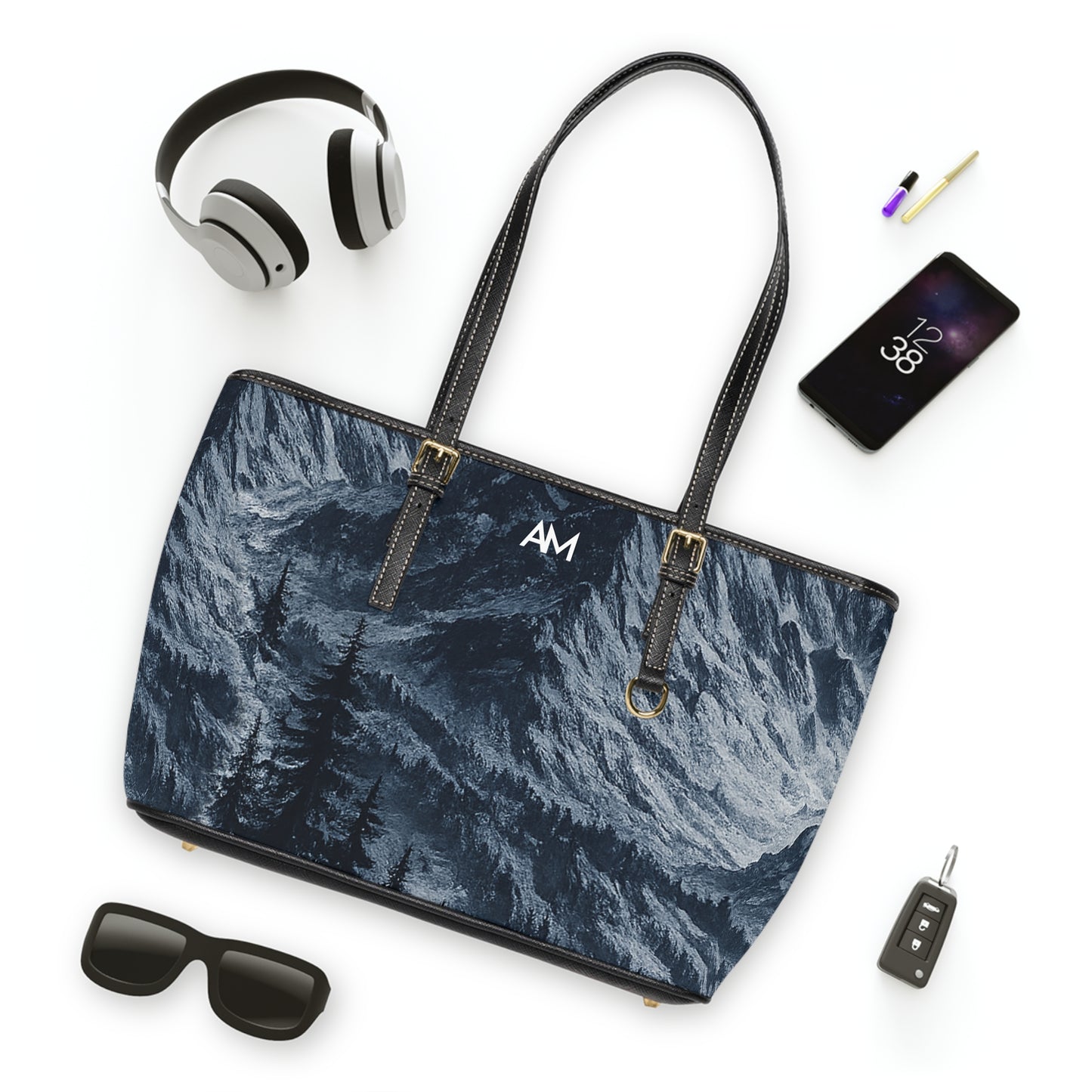 Mountain Mist PU Leather Shoulder Bag — Forest Night Tote with AM Monogram