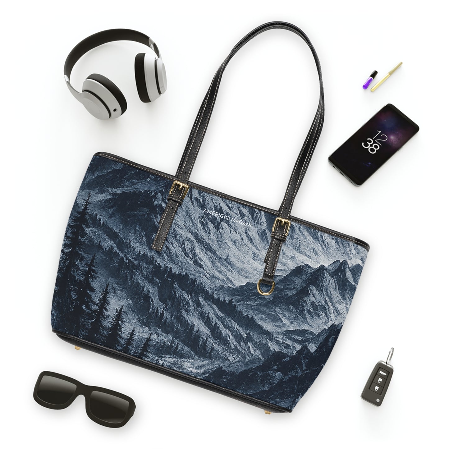 Mountain Mist PU Leather Shoulder Bag — Scenic Forest Valley Tote