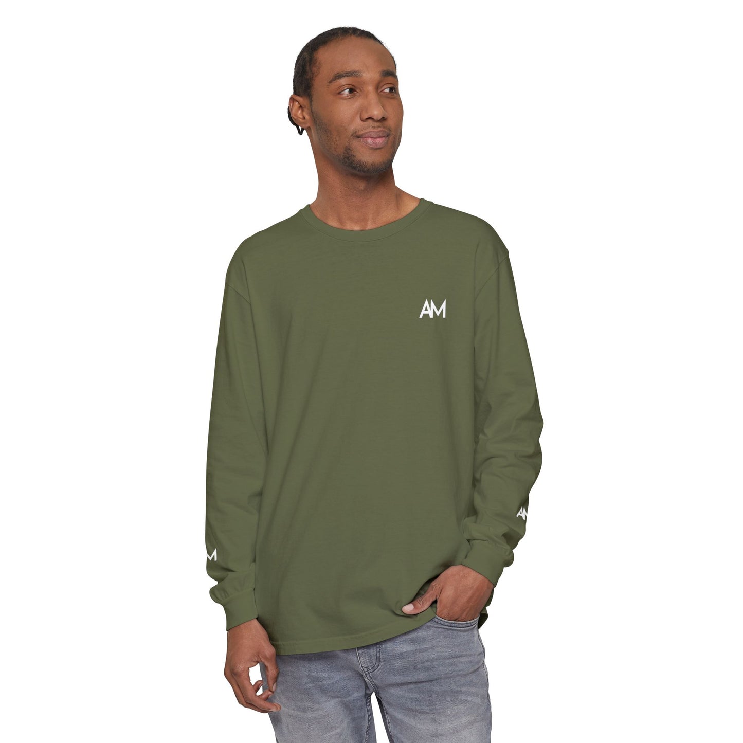 AM Logo Garment-Dyed Long Sleeve T-Shirt — Minimalist Unisex Tee