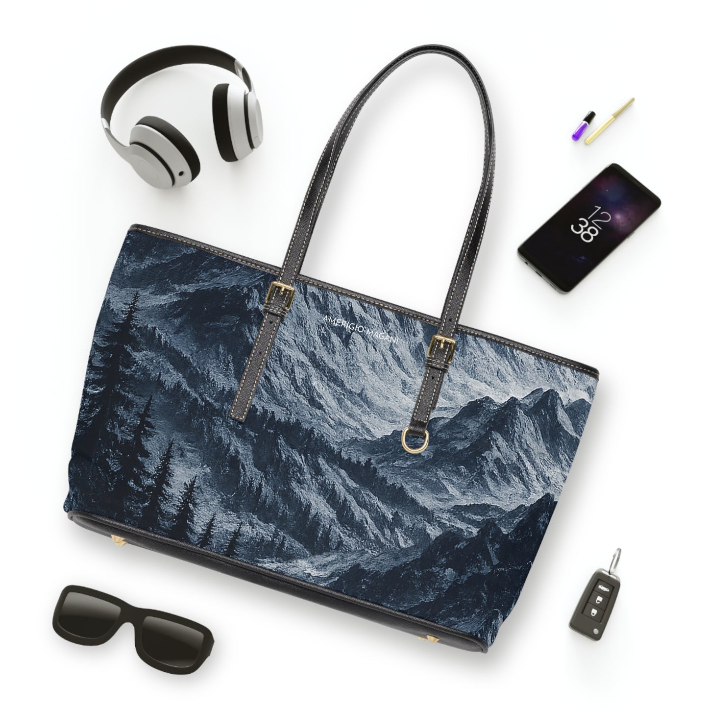 Mountain Mist PU Leather Shoulder Bag — Scenic Forest Valley Tote
