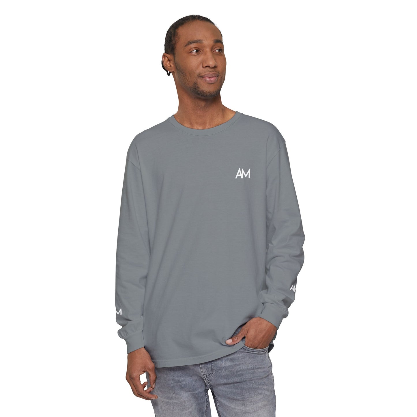AM Logo Garment-Dyed Long Sleeve T-Shirt — Minimalist Unisex Tee