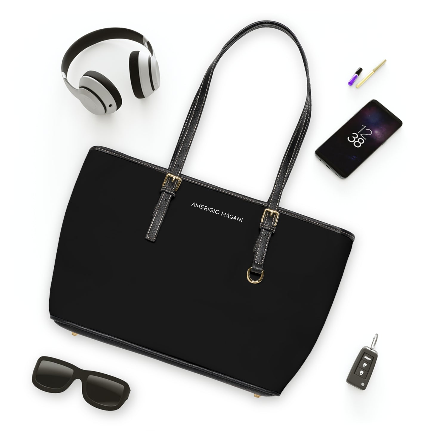 PU Leather Shoulder Bag — Classic Black Tote with Adjustable Straps