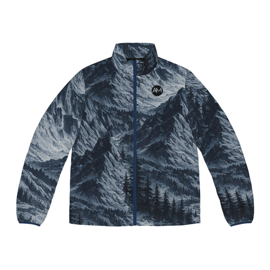 Mountain Forest Puffer Jacket — Men's Scenic All-Over Print