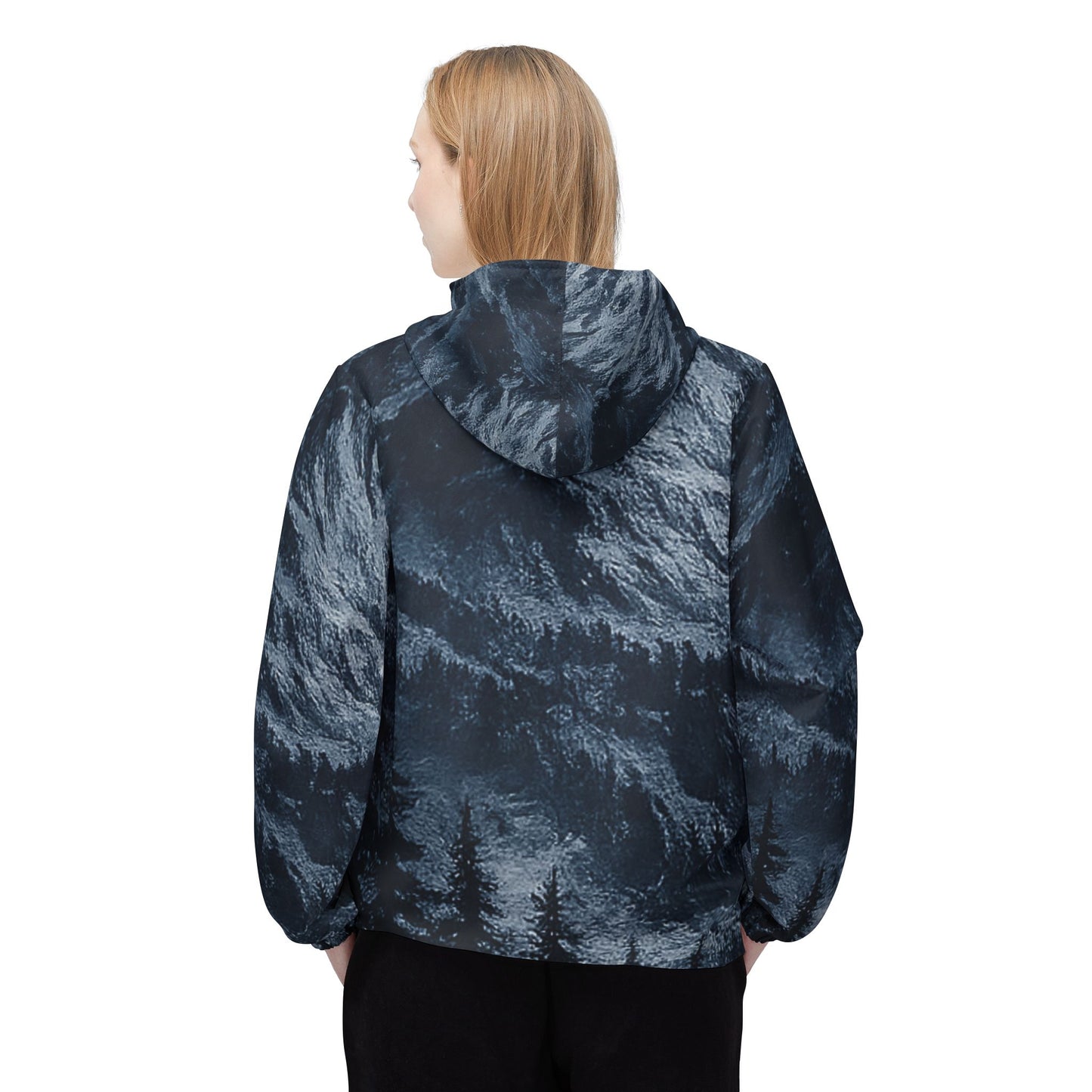 Forest Night Windbreaker Jacket — Moody Tree Silhouette Hooded Outerwear