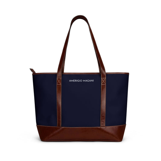 Navy Canvas Tote Bag with Brown Leather Trim