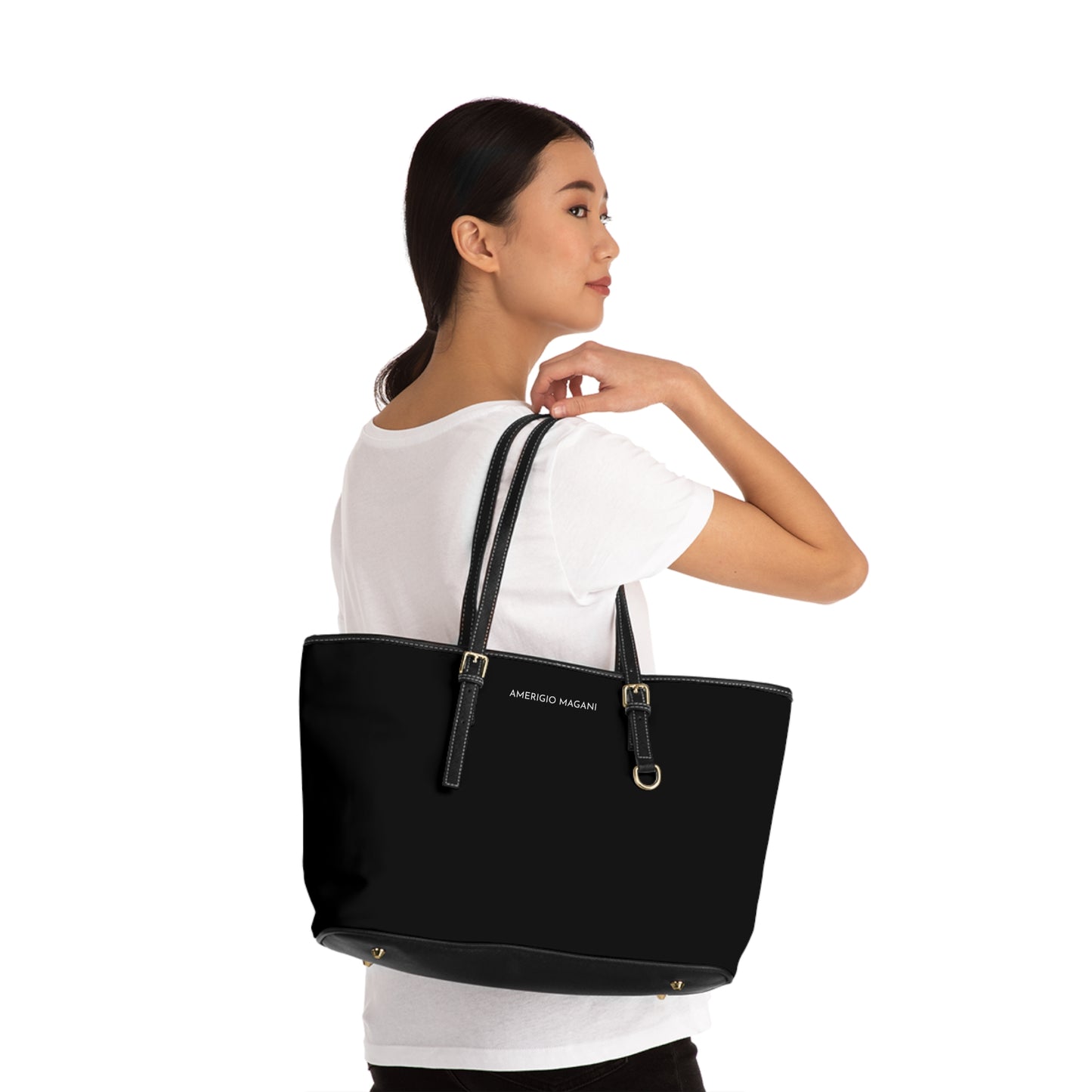 PU Leather Shoulder Bag — Classic Black Tote with Adjustable Straps