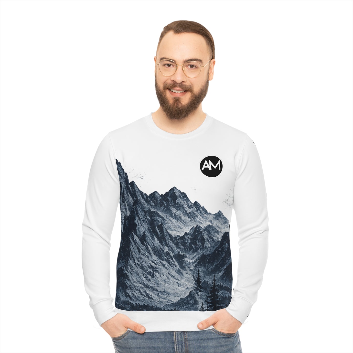 Mountain Landscape Sweatshirt — Amerigo Magani Script All-Over Print
