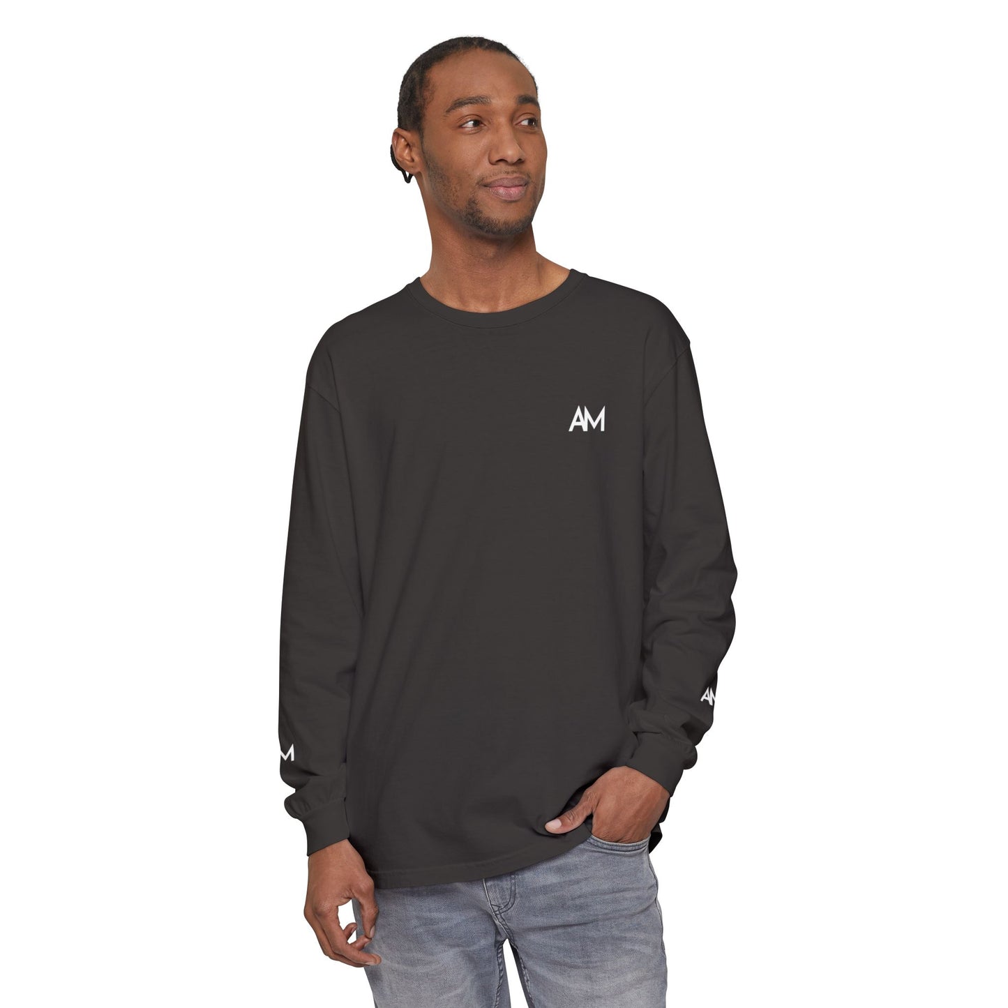 AM Logo Garment-Dyed Long Sleeve T-Shirt — Minimalist Unisex Tee