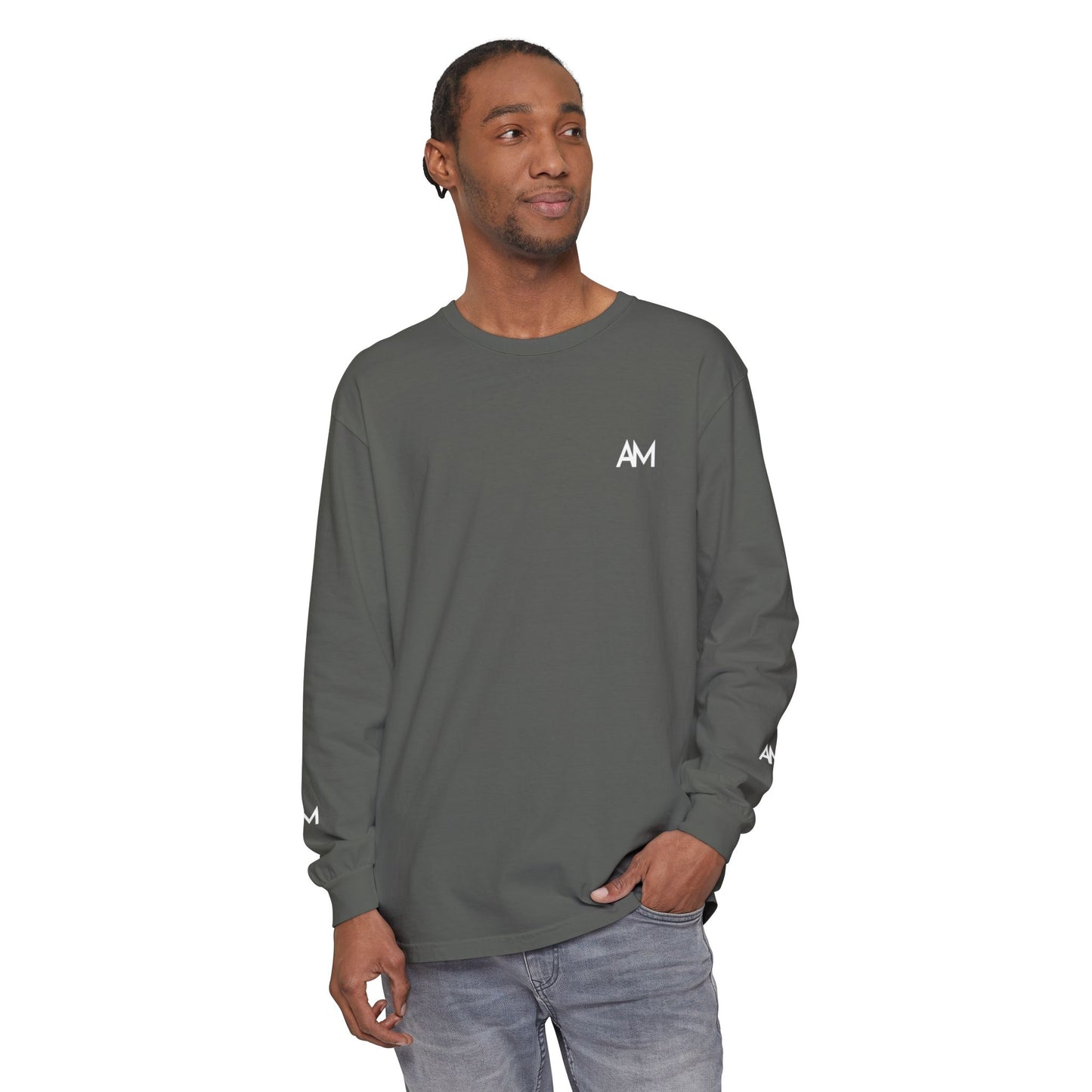 AM Logo Garment-Dyed Long Sleeve T-Shirt — Minimalist Unisex Tee