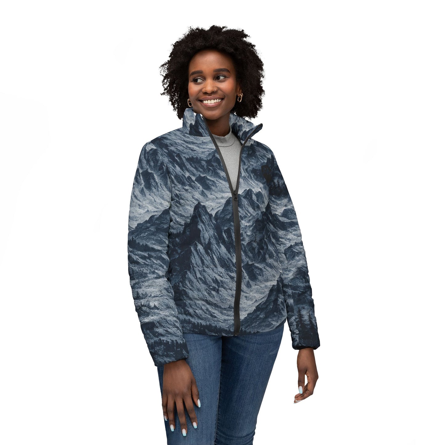 Mountain Mist Puffer Jacket — Women's All-Over-Print Winter Coat