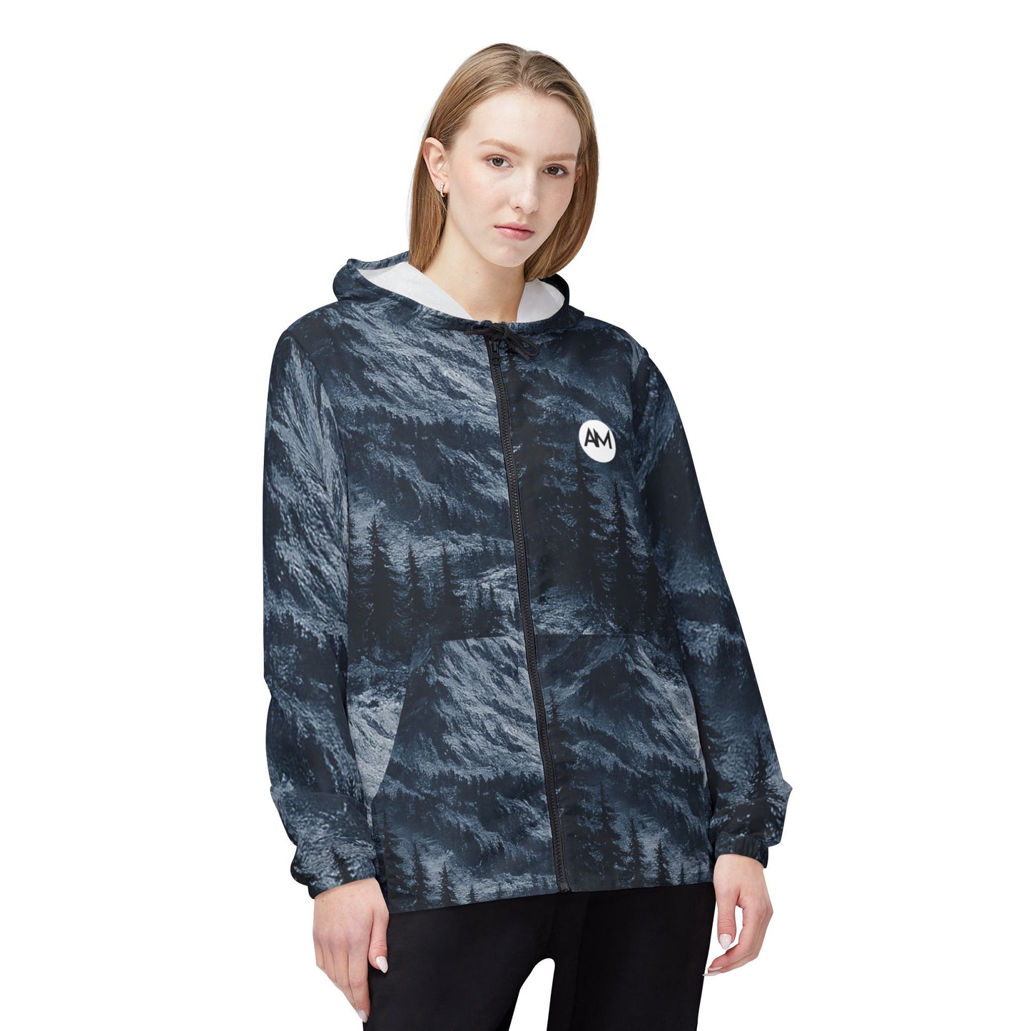 Forest Night Windbreaker Jacket — Moody Tree Silhouette Hooded Outerwear