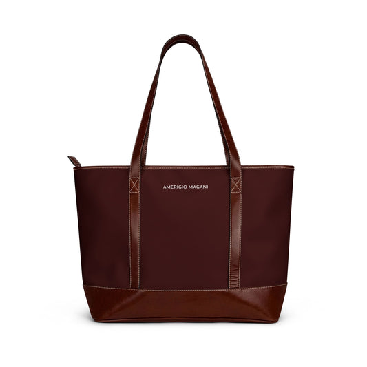 Classic Brown Leather-Trim Tote Handbag