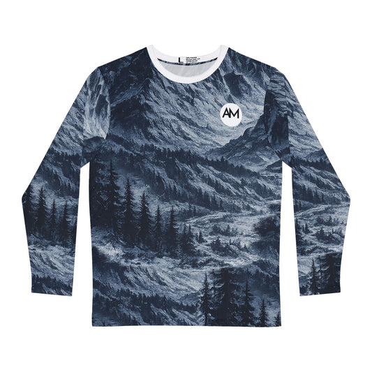 Herren Mountain Forest Langarmshirt — Blaues Outdoor-T-Shirt mit Allover-Print