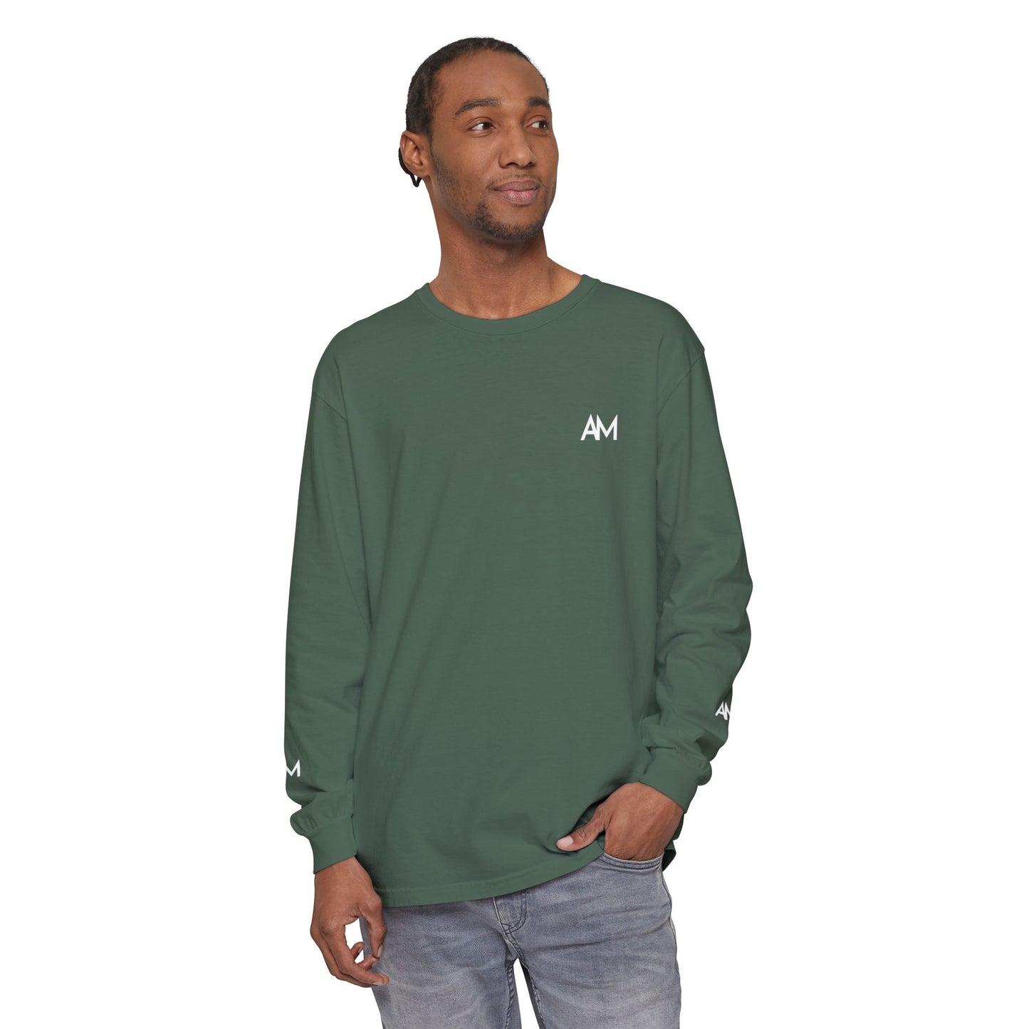 AM Logo Garment-Dyed Long Sleeve T-Shirt — Minimalist Unisex Tee