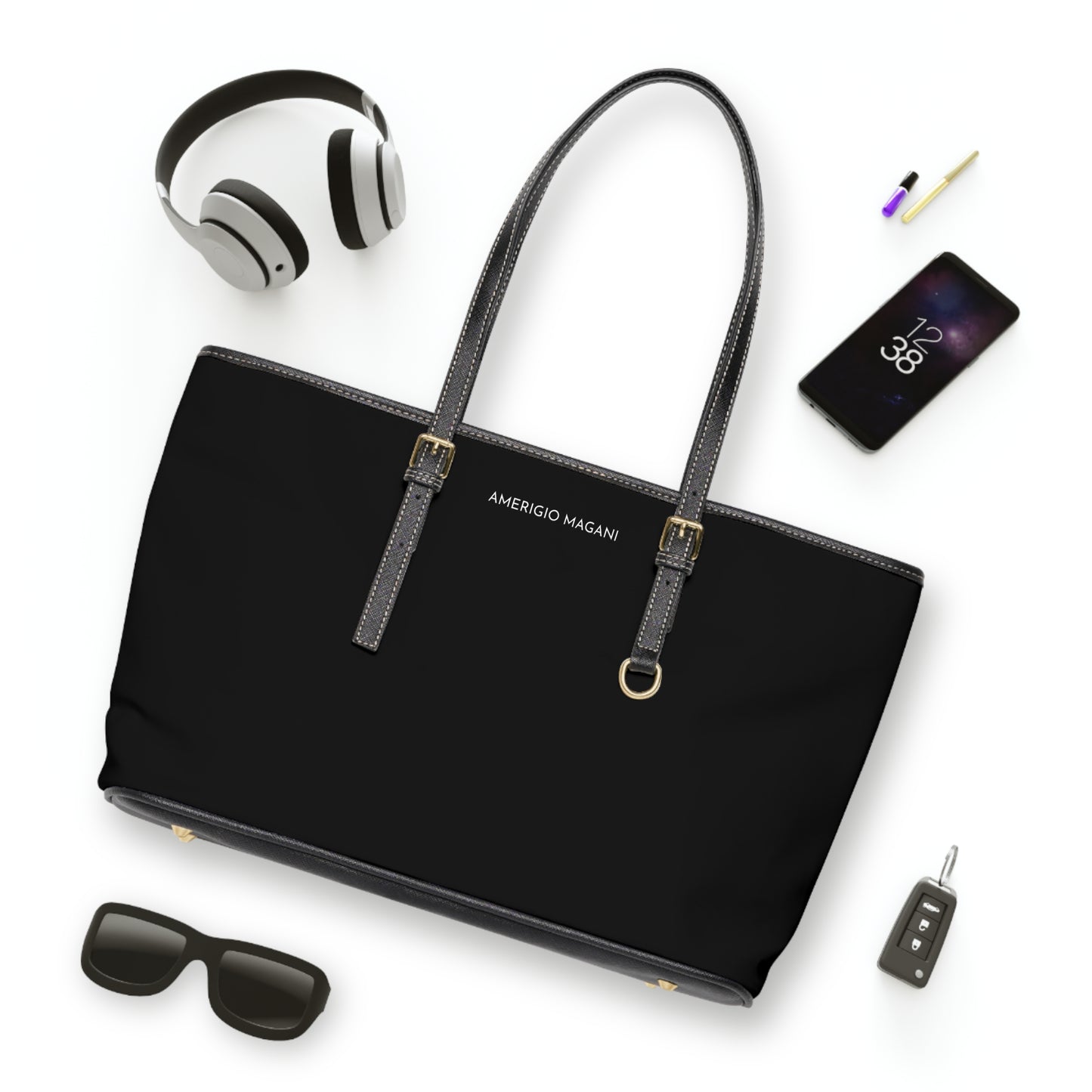 PU Leather Shoulder Bag — Classic Black Tote with Adjustable Straps