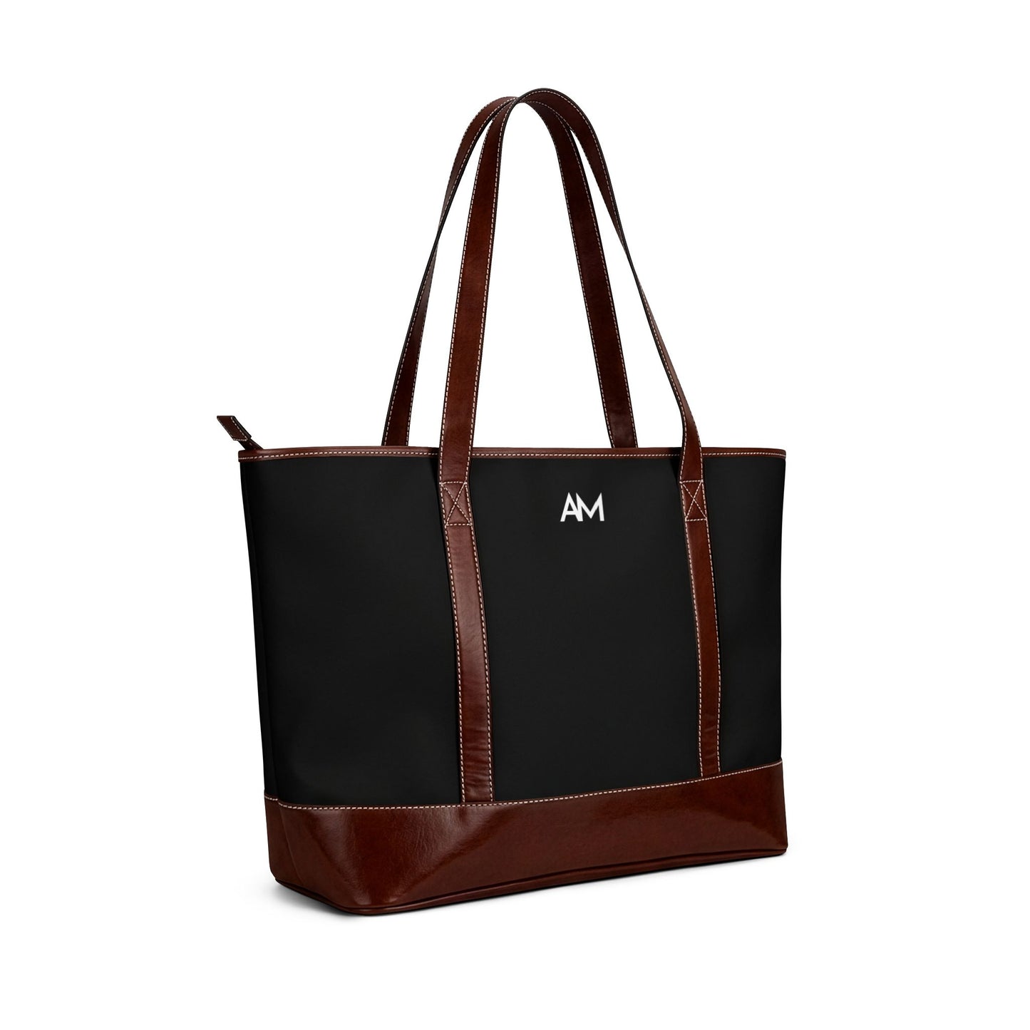 Monogrammed Black & Brown Leather Tote — AM Initial Handbag
