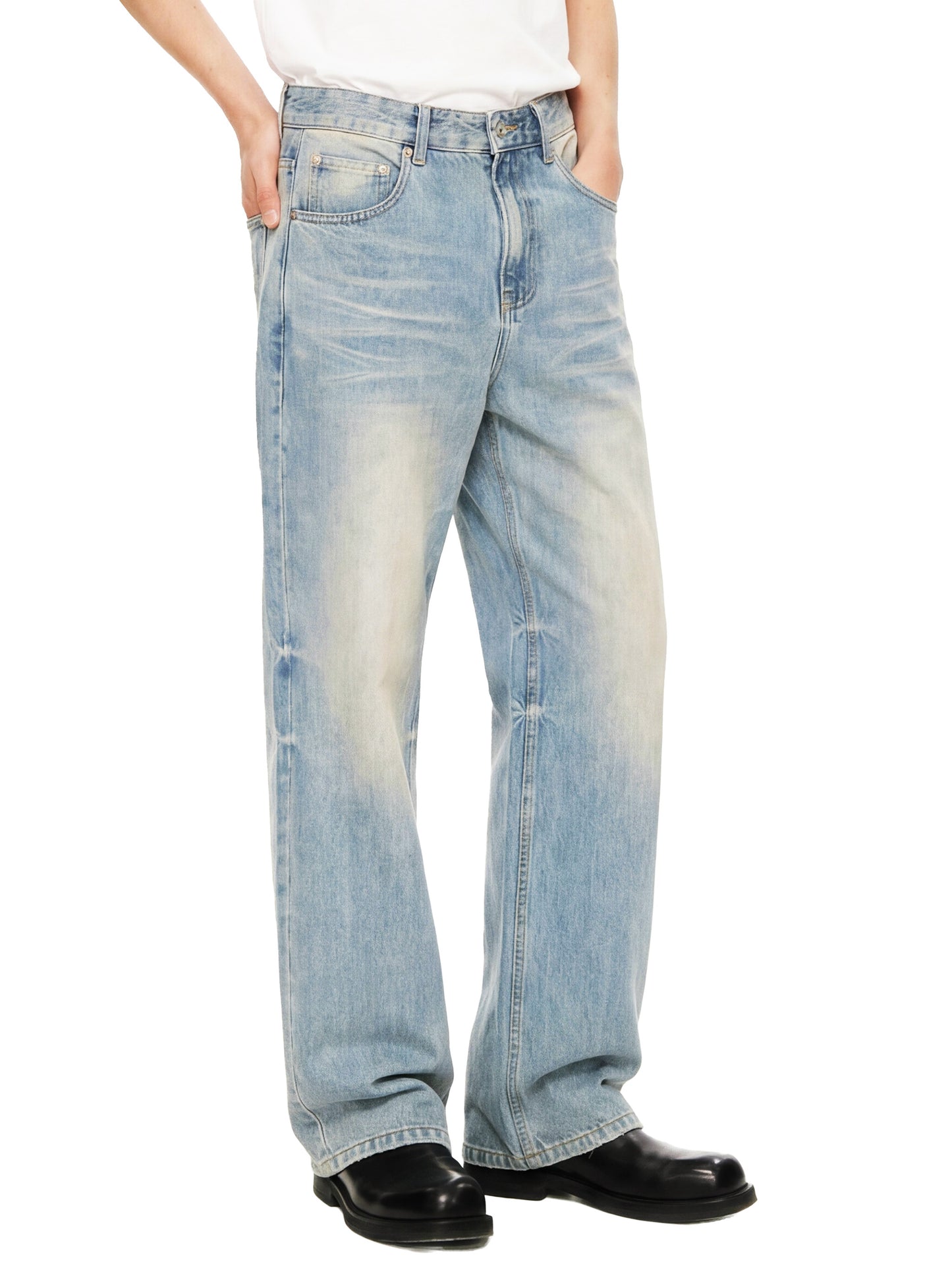 Sun Fade Raw Hem Denim Jeans